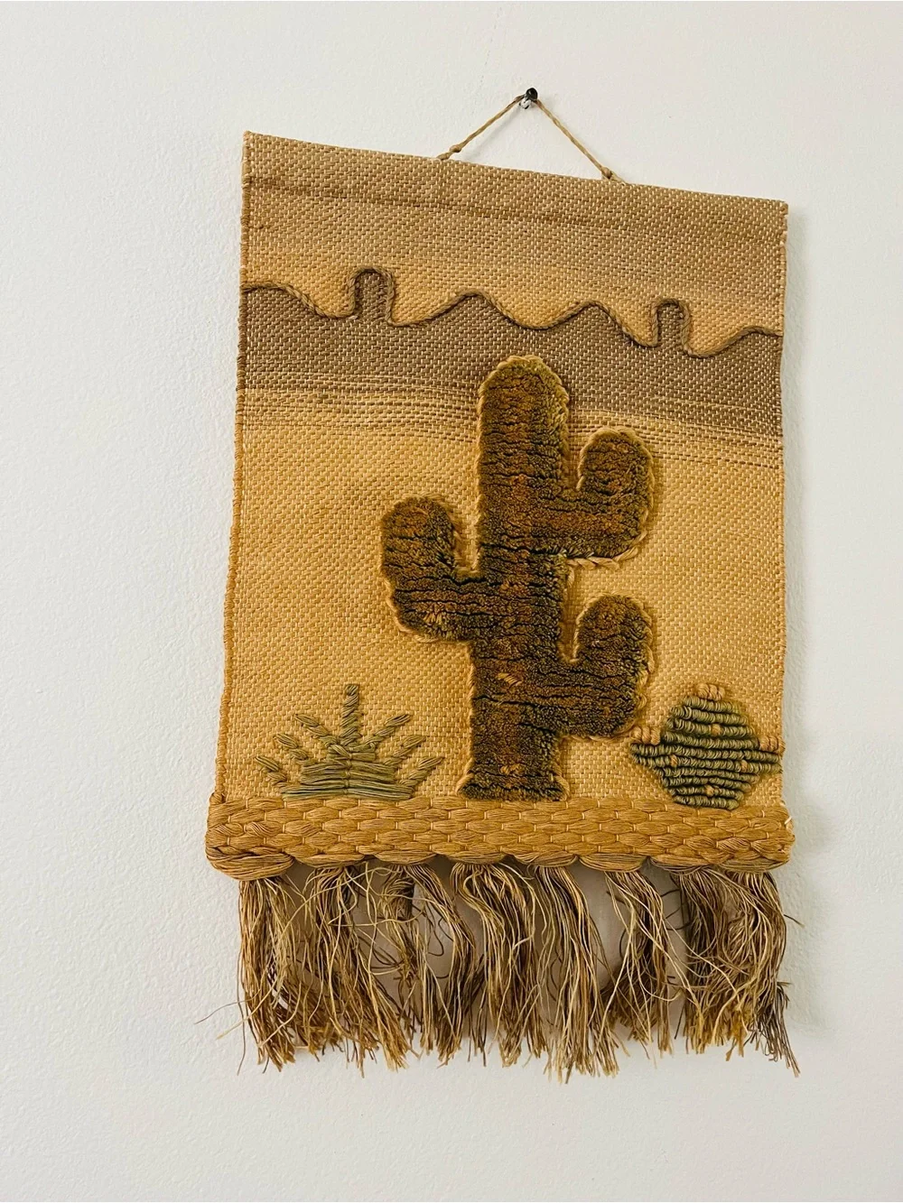 Handwoven Desert Cactus Wall Hanging in Tan and Brown 16/20 inches